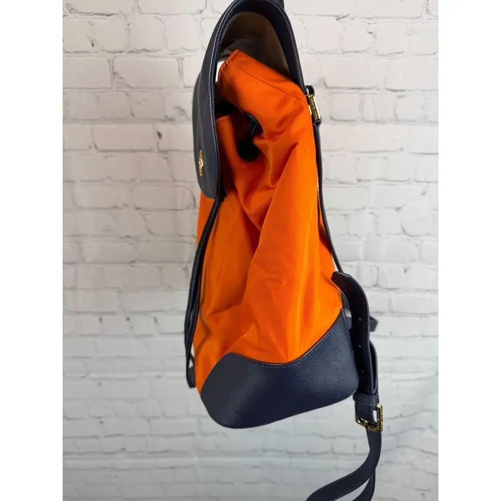 TORY BURCH Dena dark blue orange nylon drawstring flap backpack